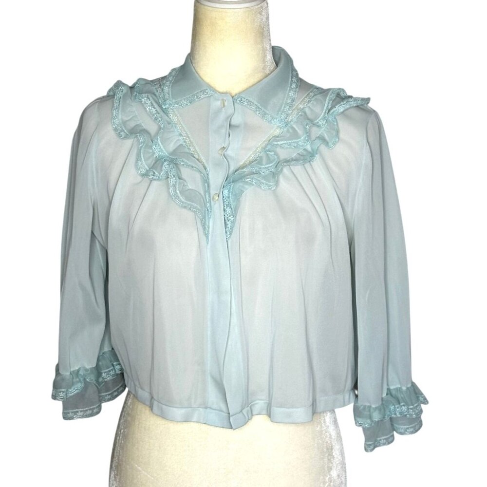 Vintage 60s Blue Sheer Nylon Bed Jacket Blue Sheer Ruffle Lace Medium